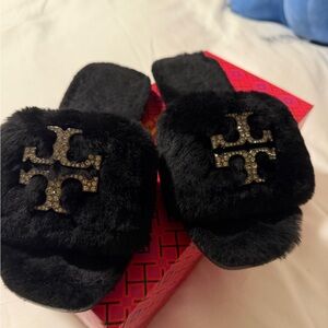 Black Furry Slippers with Logo